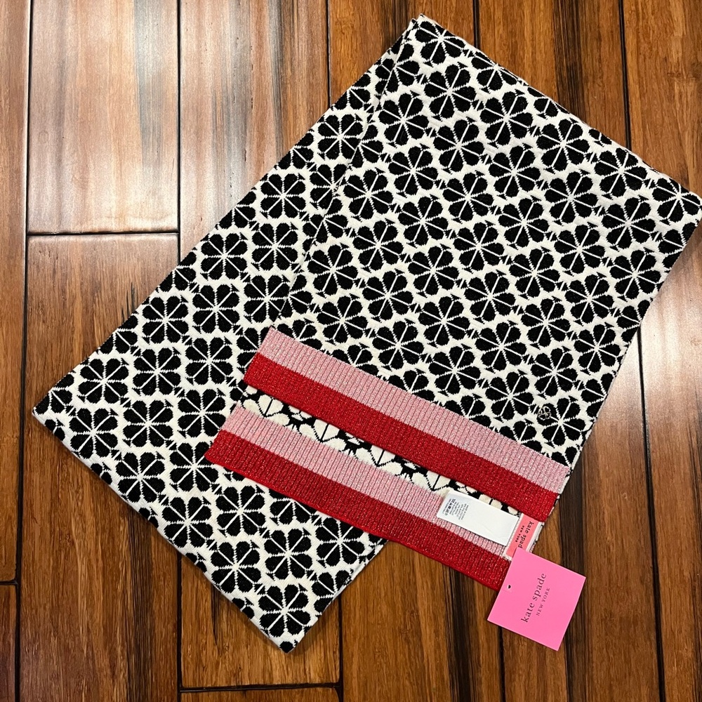 Kate Spade Flower Scarf Back & White with Red & Pink Metallic Stripes NWT